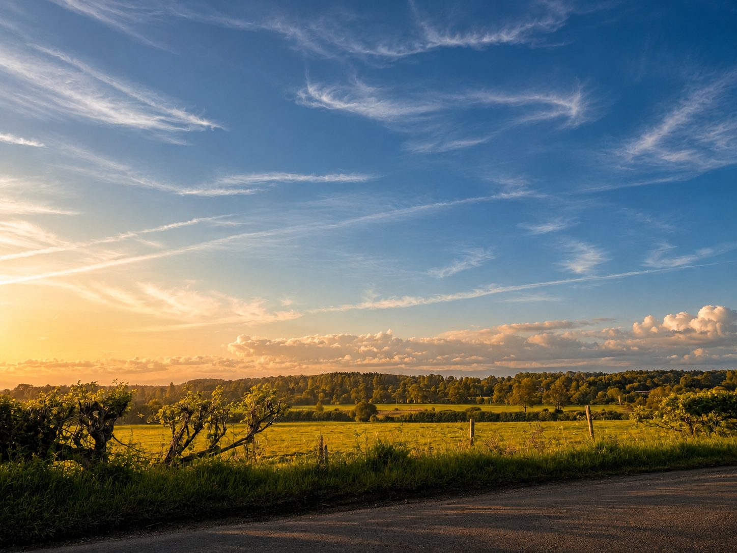 Hedgerow and fields near Haywards Heath at sunset